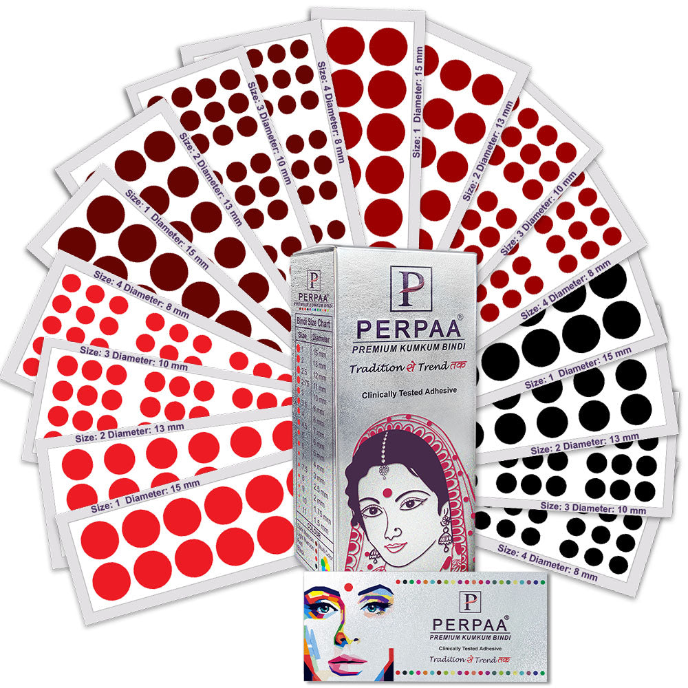 PERPAA Premium Velvet Sticker Kumkum Bindi Box of 16 Flaps Multicolor, Different Size- Bindi for Women, Ladies (Size - 01-15mm, 02-13mm, 03-10mm, 04-8mm, Red, Black, Dark Maroon, Light Maroon)