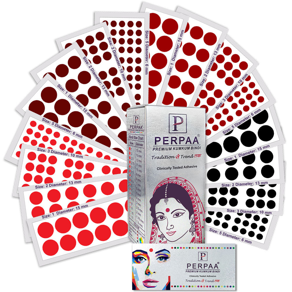 PERPAA Premium Velvet Sticker Kumkum Bindi Box of 16 Flaps Multicolor, Different Size- Bindi for Women,Ladies (Size - 01-15mm, 02-13mm, 03-10mm, 05-6mm, Red, Black, Dark Maroon, Light Maroon)