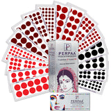 PERPAA Premium Velvet Sticker Kumkum Bindi Box of 16 Flaps Multicolor, Different Size- Bindi for Women,Ladies (Size - 01-15mm, 02-13mm, 03-10mm, 05-6mm, Red, Black, Dark Maroon, Light Maroon)