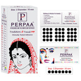 PERPAA Premium Velvet Sticker Kumkum Bindi Box of 16 Flaps Multicolor, Different Size- Bindi for Women, Ladies (Size - 01-15mm, 02-13mm, 03-10mm, 04-8mm, Red, Black, Dark Maroon, Light Maroon)