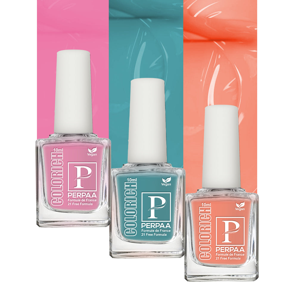 PERPAA Colorich Vegan Gel Nail Polish Combo Of 3 Nail Enamel Chip Resistant, Seaweed Enriched Formula, Long Lasting and Toxic Free| 10ml Each