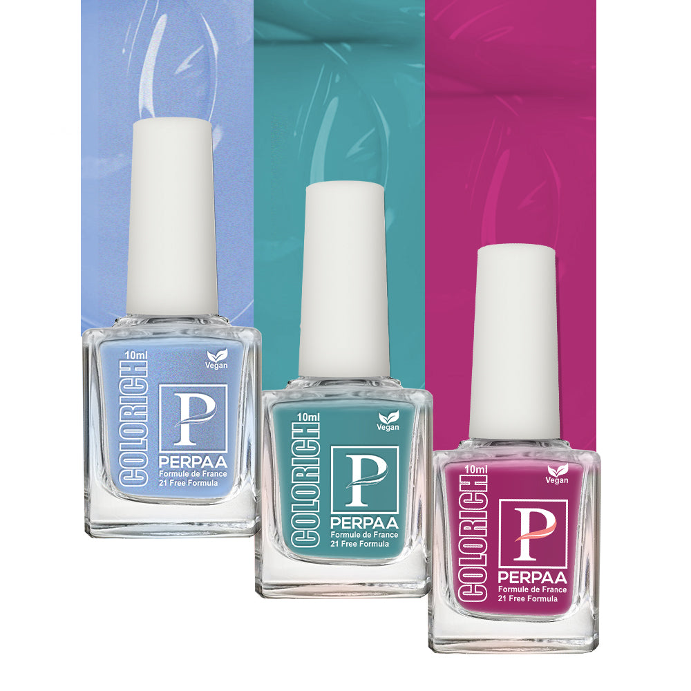 PERPAA Colorich Vegan Gel Nail Polish Combo Of 3 Nail Enamel Chip Resistant, Seaweed Enriched Formula, Long Lasting and Toxic Free| 10ml Each