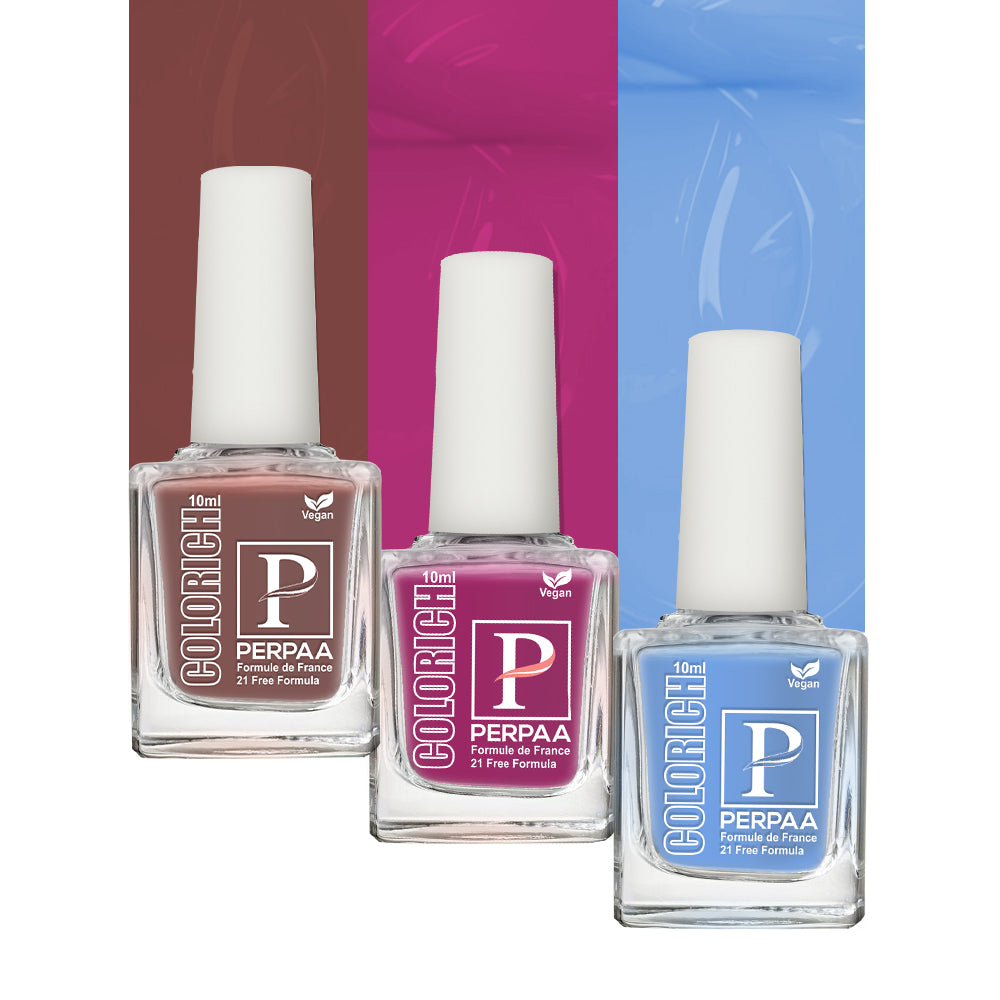 PERPAA Colorich Vegan Gel Nail Polish Combo Of 3 Nail Enamel Chip Resistant, Seaweed Enriched Formula, Long Lasting and Toxic Free| 10ml Each