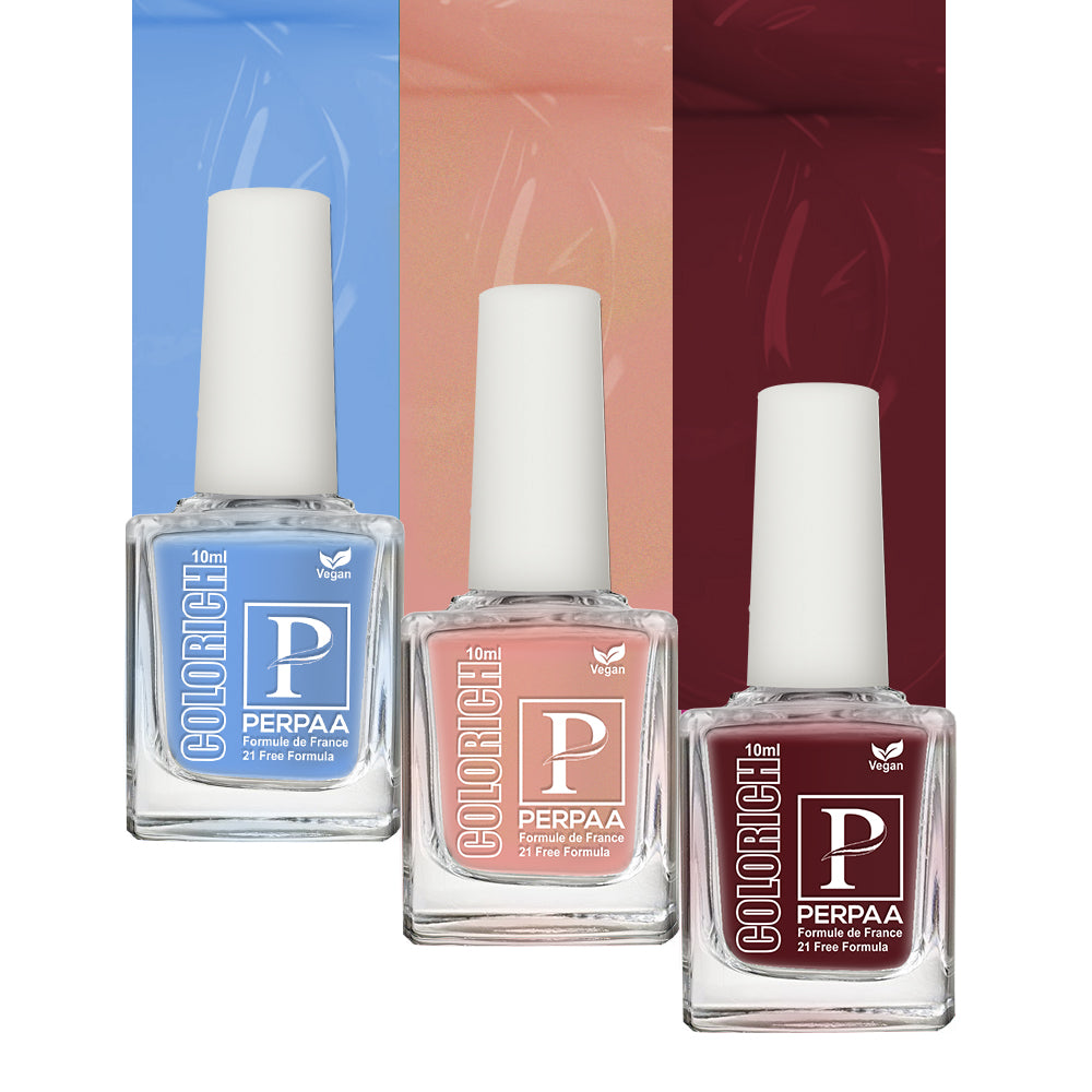 PERPAA Colorich Vegan Gel Nail Polish Combo Of 3 Nail Enamel Chip Resistant, Seaweed Enriched Formula, Long Lasting and Toxic Free| 10ml Each