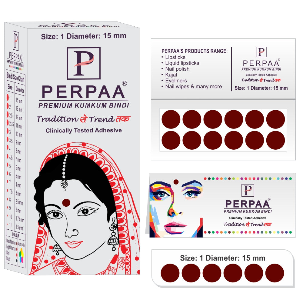 PERPAA Premium Velvet Sticker Kumkum Bindi Box of 16 Flaps Multicolor, Different Size- Bindi for Women, Ladies (Size - 01-15mm, 02-13mm, 03-10mm, 04-8mm, Red, Black, Dark Maroon, Light Maroon)