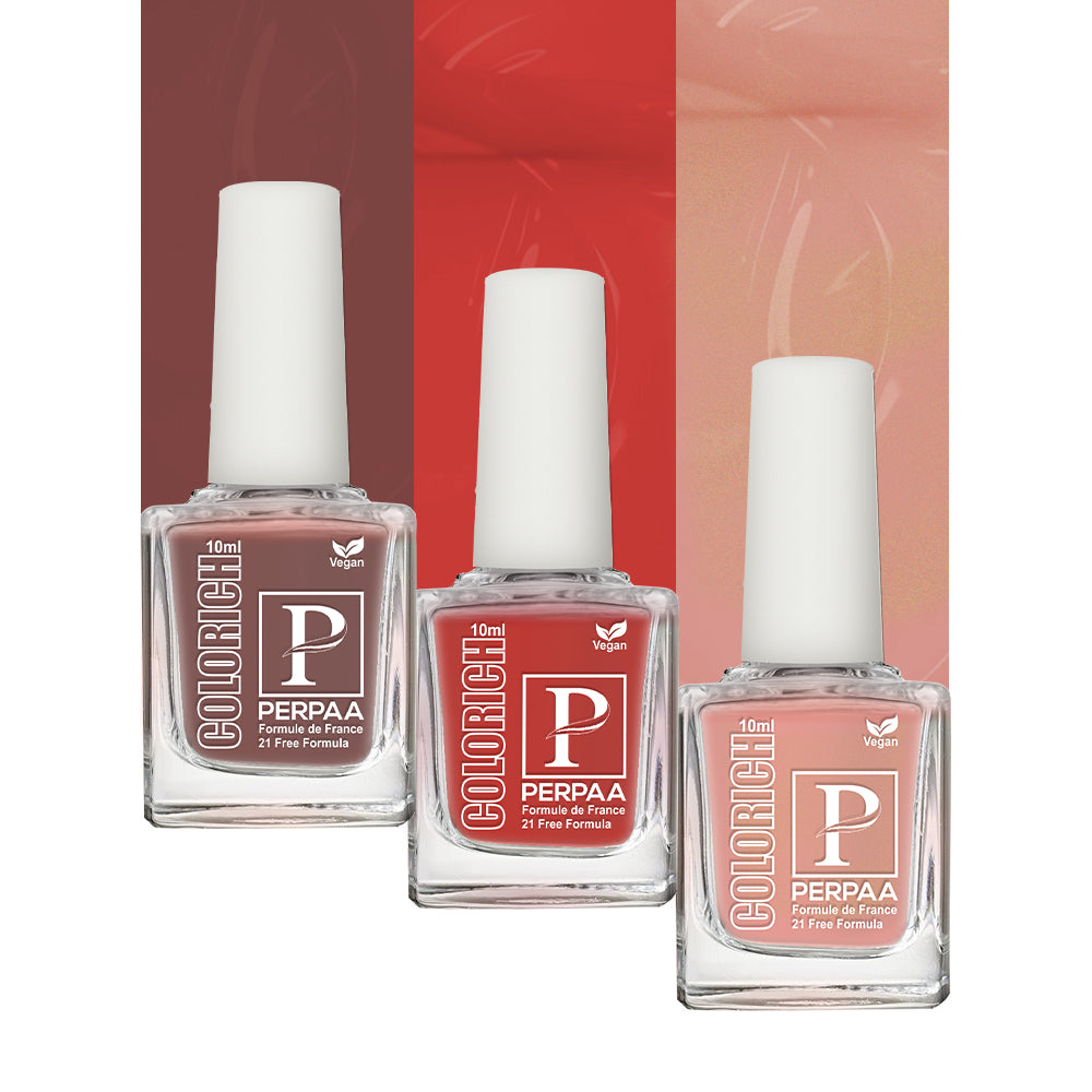 PERPAA Colorich Vegan Gel Nail Polish Combo Of 3 Nail Enamel Chip Resistant, Seaweed Enriched Formula, Long Lasting and Toxic Free| 10ml Each