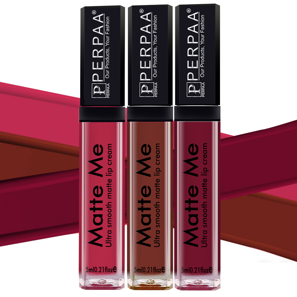 PERPAA® Matte Me Ultimate Combo of 3 Shades Long Lasting Liquid Lipstick Bright Matte color Smudge proof & Waterproof Formula 5ml Each (Copy)