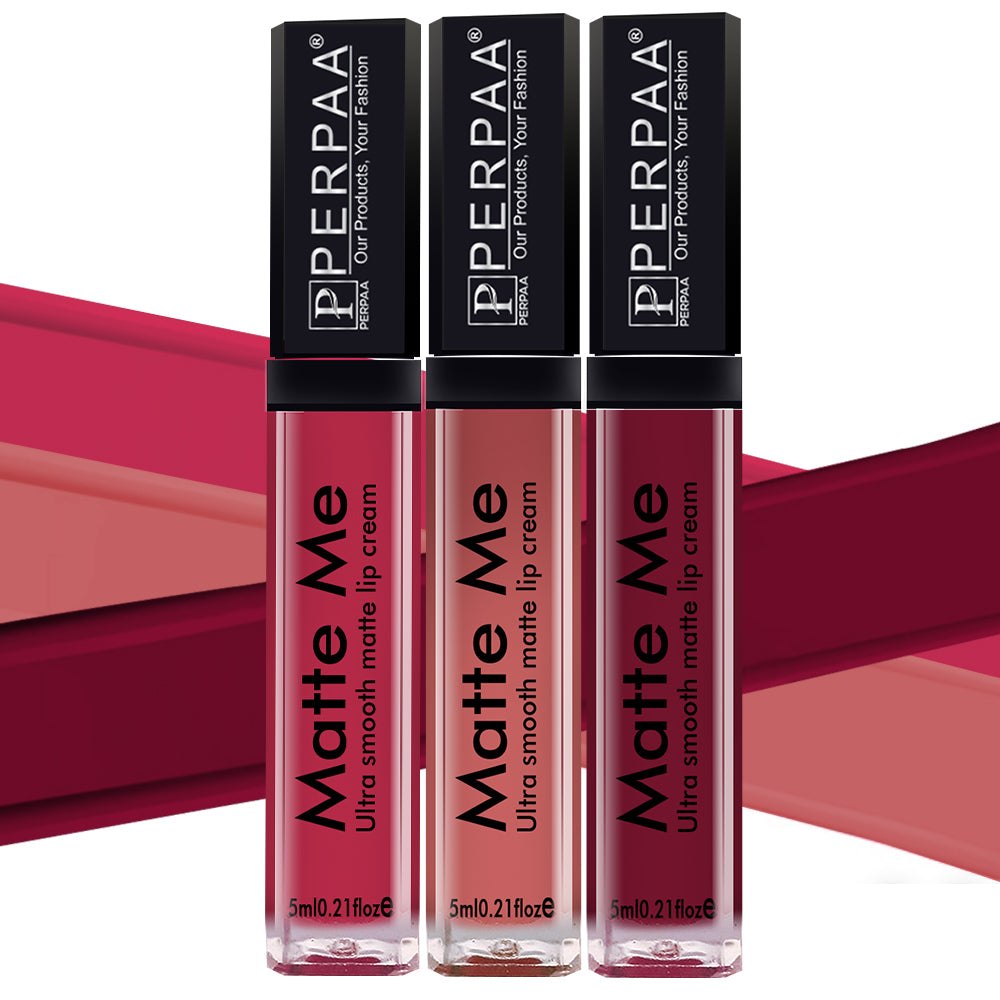 PERPAA® Matte Me Ultimate Combo of 3 Shades Long Lasting Liquid Lipstick Bright Matte color Smudge proof & Waterproof Formula 5ml Each (Copy)