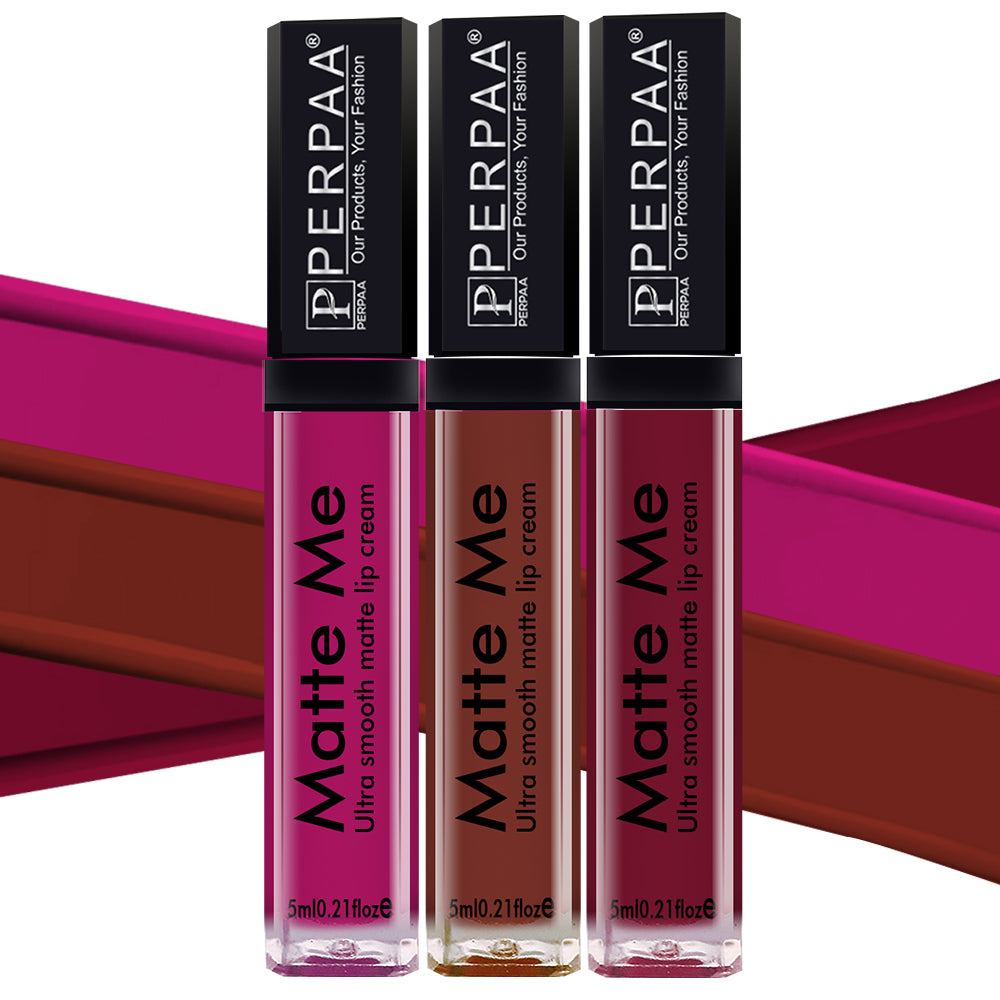 PERPAA® Matte Me Ultimate Combo of 3 Shades Long Lasting Liquid Lipstick Bright Matte color Smudge proof & Waterproof Formula 5ml Each (Copy)