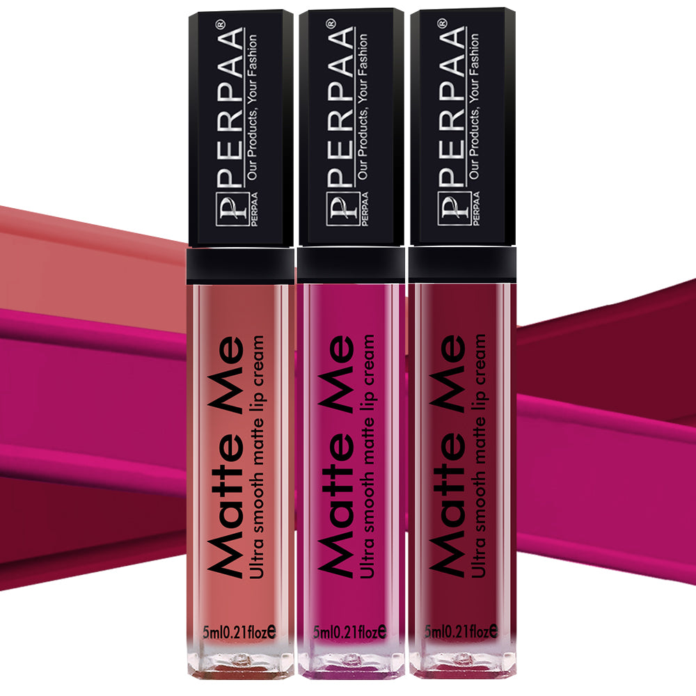 PERPAA® Matte Me Ultimate Combo of 3 Shades Long Lasting Liquid Lipstick Bright Matte color Smudge proof & Waterproof Formula 5ml Each (Copy)