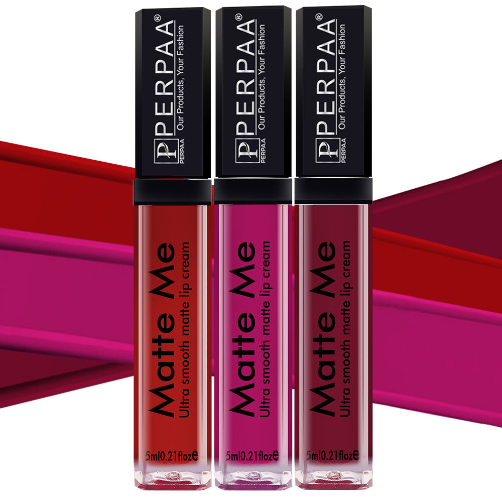 PERPAA® Matte Me Ultimate Combo of 3 Shades Long Lasting Liquid Lipstick Bright Matte color Smudge proof & Waterproof Formula 5ml Each (Copy)