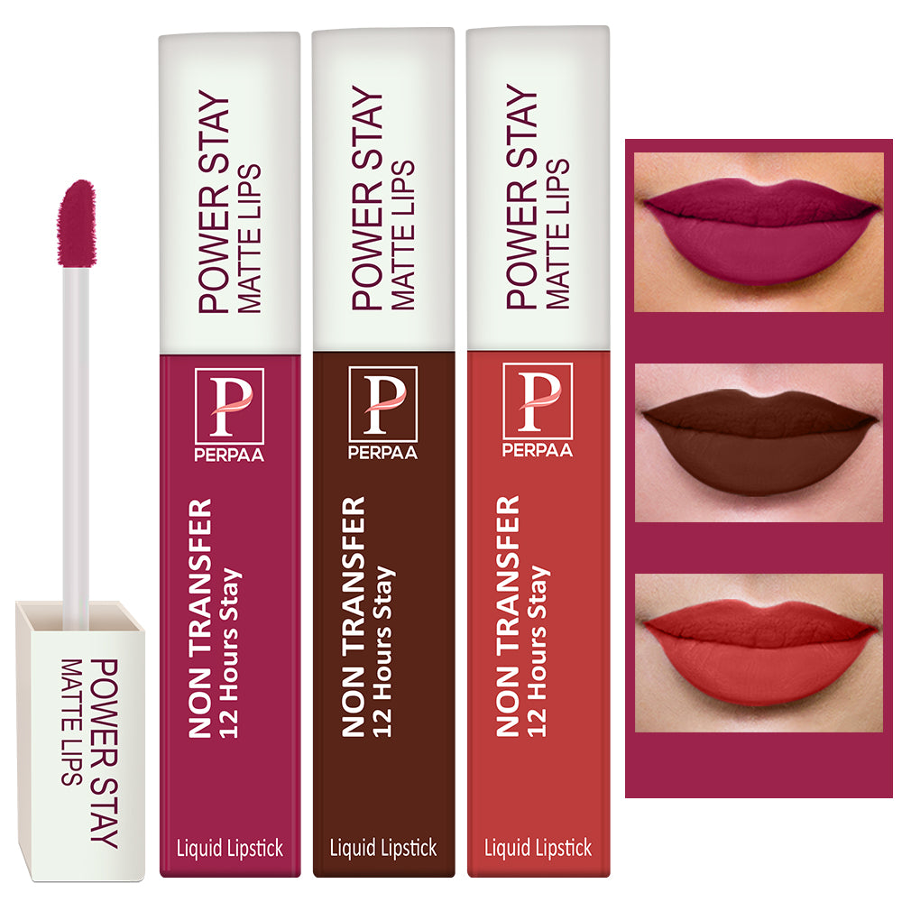 PERPAA Powerstay Liquid Matte Lipstick Combo Pack of 3 Smudge proof & Waterproof Long lasting Stay, 5 ml Each