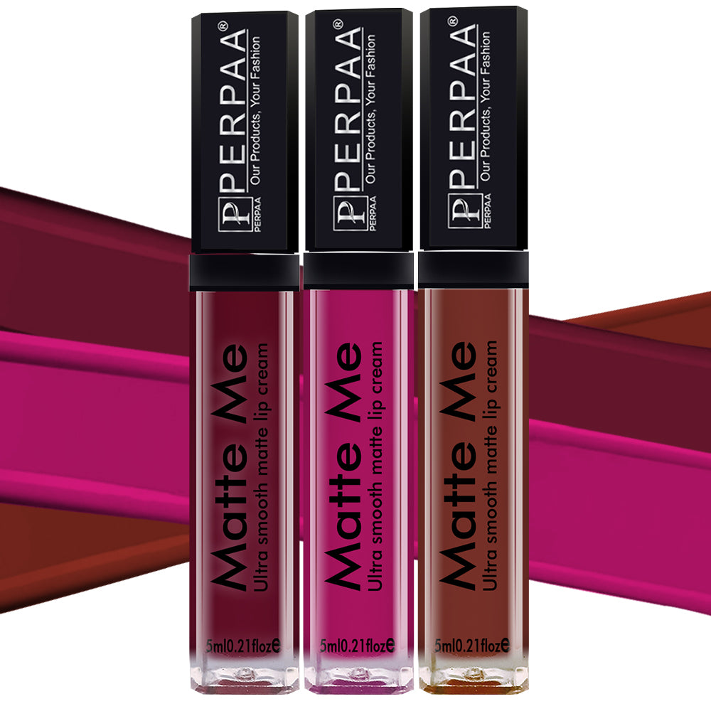 PERPAA® Matte Me Ultimate Combo of 3 Shades Long Lasting Liquid Lipstick Bright Matte color Smudge proof & Waterproof Formula 5ml Each (Copy)