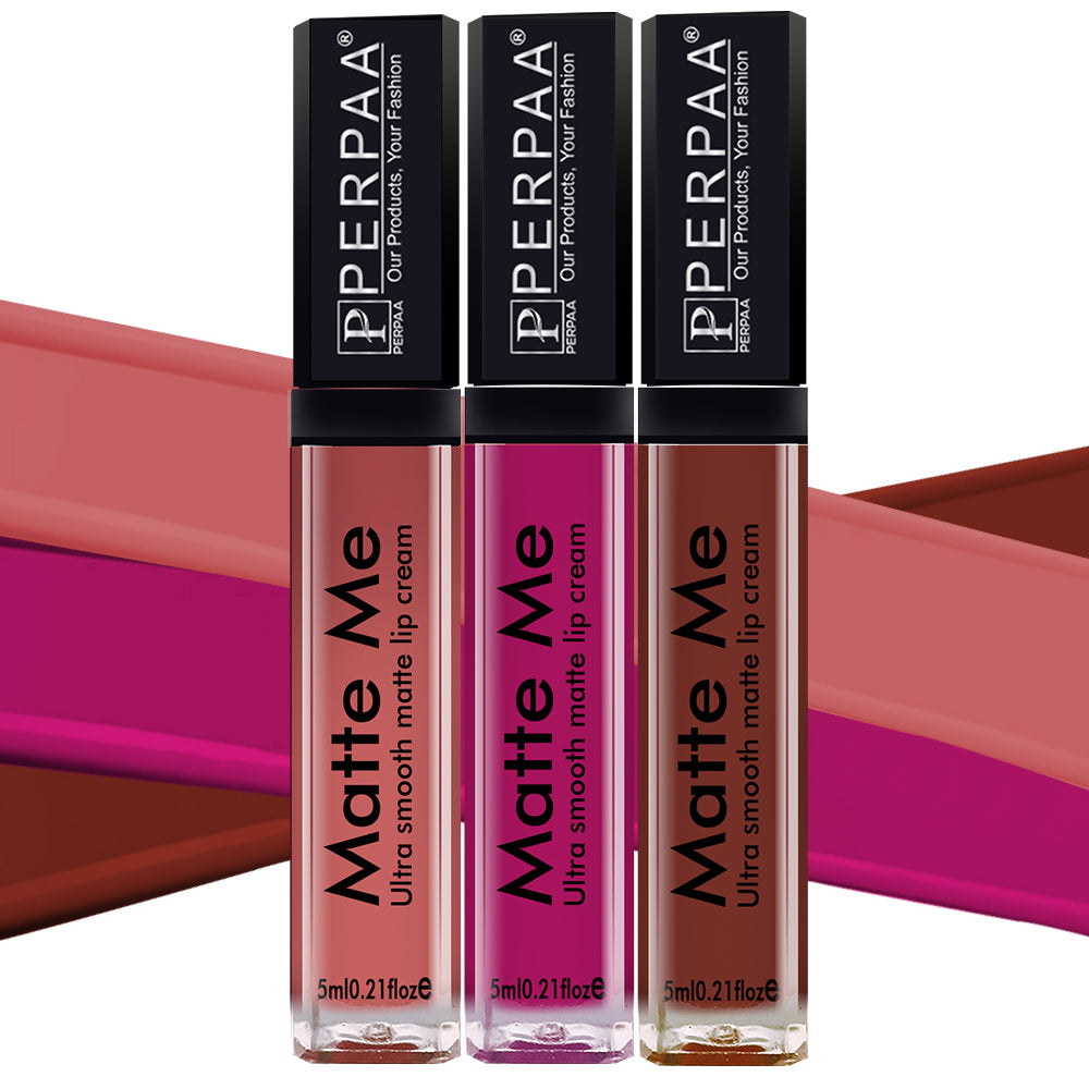 PERPAA® Matte Me Ultimate Combo of 3 Shades Long Lasting Liquid Lipstick Bright Matte color Smudge proof & Waterproof Formula 5ml Each (Copy)