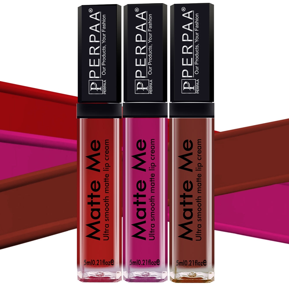 PERPAA® Matte Me Ultimate Combo of 3 Shades Long Lasting Liquid Lipstick Bright Matte color Smudge proof & Waterproof Formula 5ml Each (Copy)