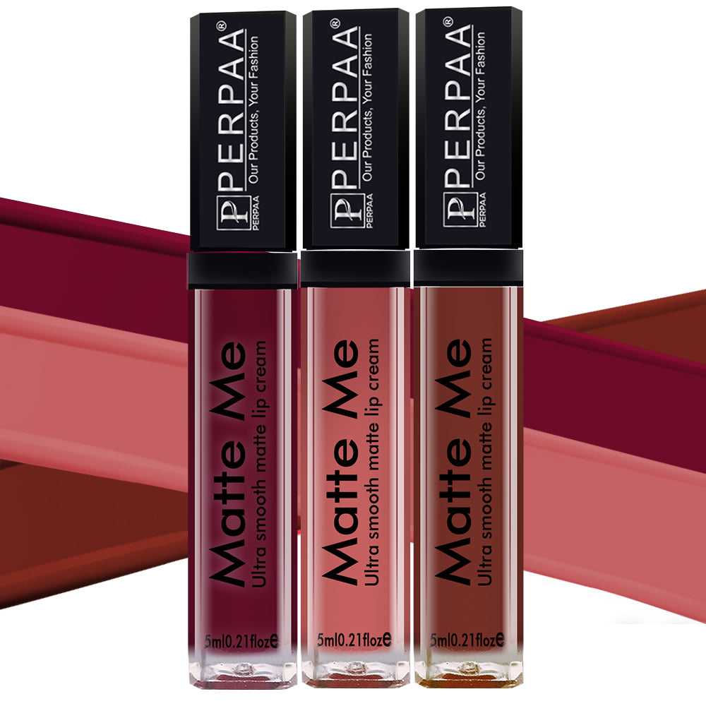 PERPAA® Matte Me Ultimate Combo of 3 Shades Long Lasting Liquid Lipstick Bright Matte color Smudge proof & Waterproof Formula 5ml Each (Copy)