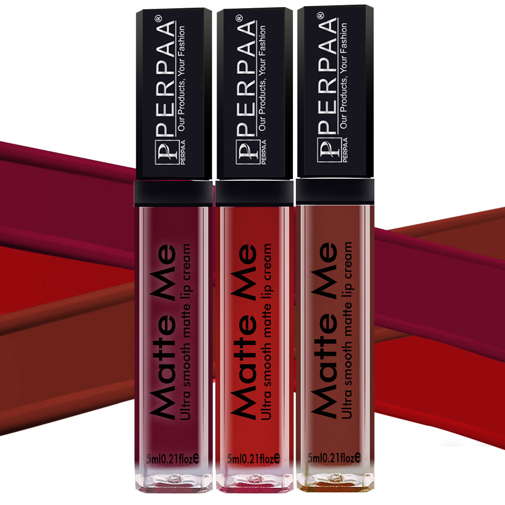 PERPAA® Matte Me Ultimate Combo of 3 Shades Long Lasting Liquid Lipstick Bright Matte color Smudge proof & Waterproof Formula 5ml Each (Copy)