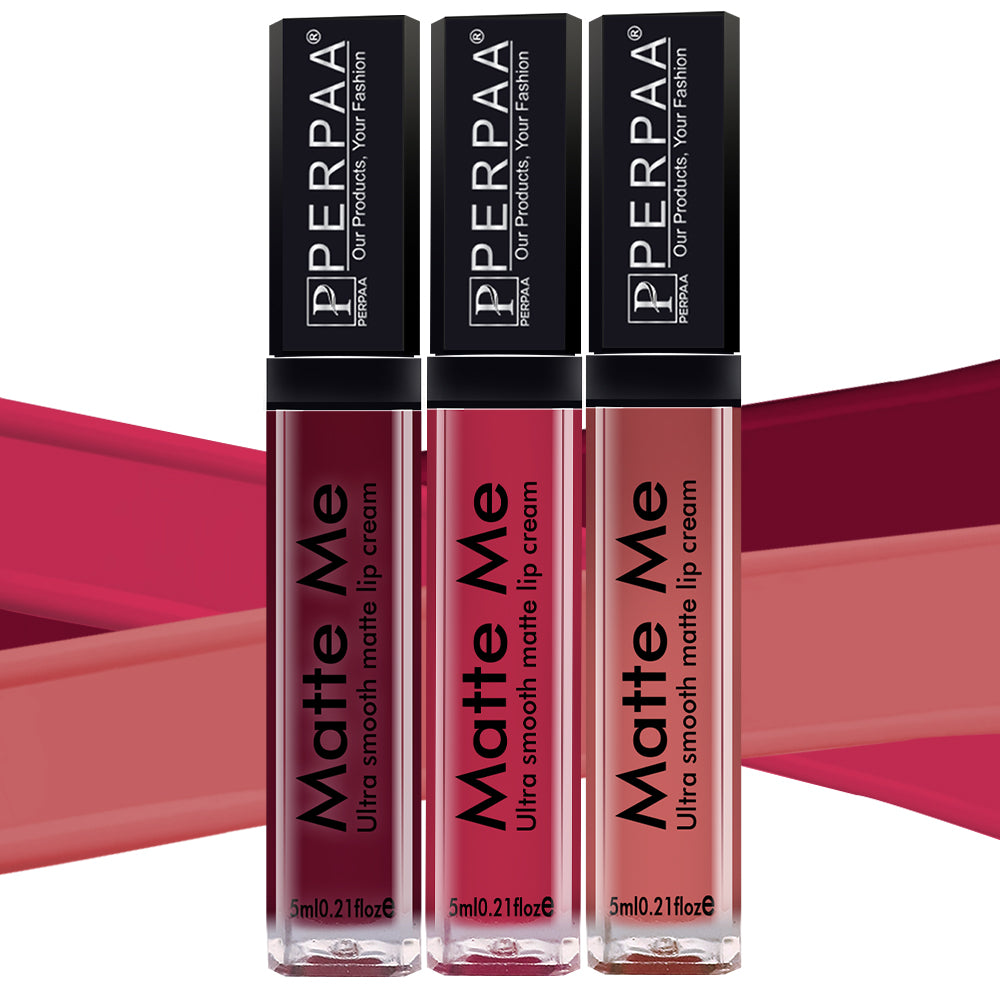 PERPAA® Matte Me Ultimate Combo of 3 Shades Long Lasting Liquid Lipstick Bright Matte color Smudge proof & Waterproof Formula 5ml Each (Copy)