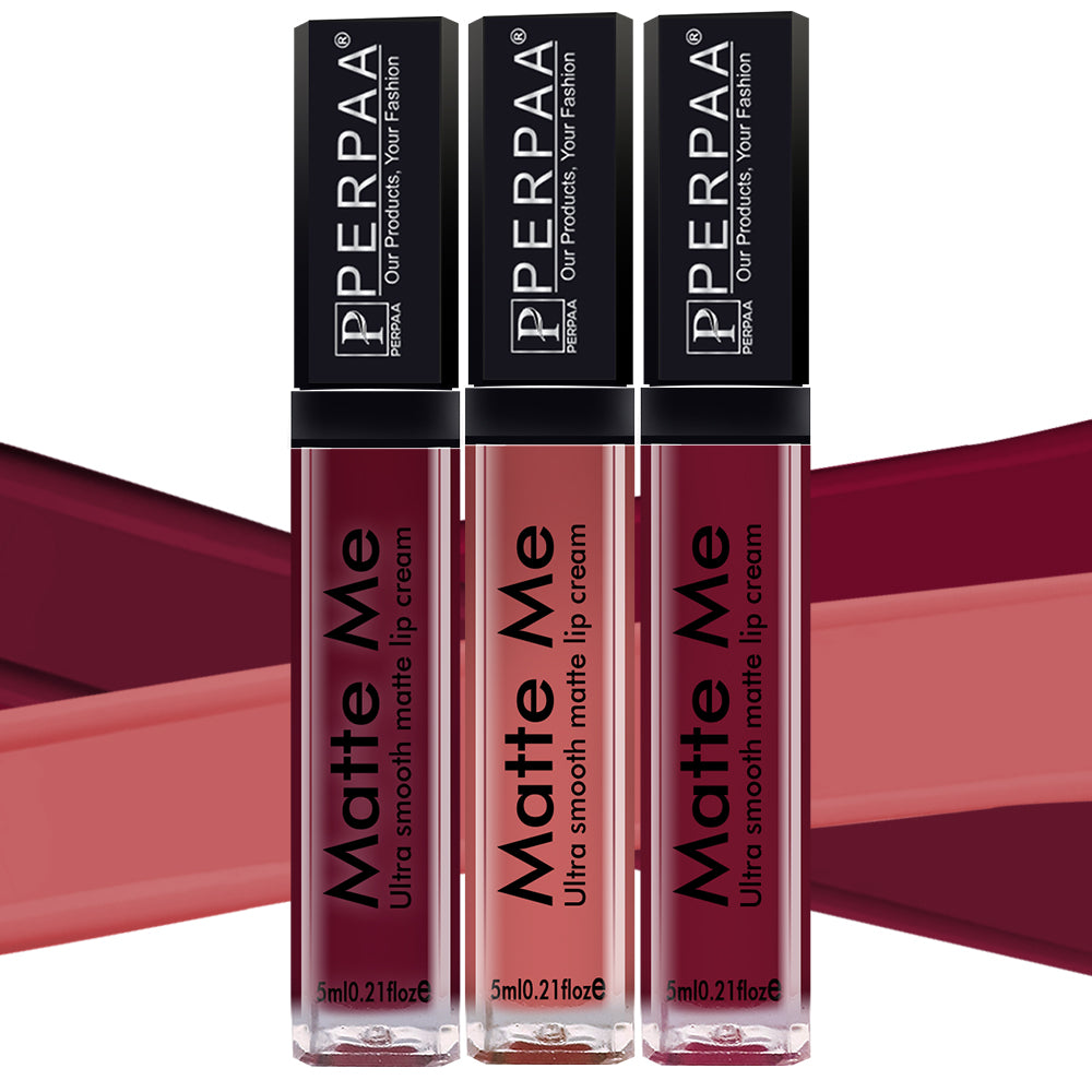 PERPAA® Matte Me Ultimate Combo of 3 Shades Long Lasting Liquid Lipstick Bright Matte color Smudge proof & Waterproof Formula 5ml Each (Copy)