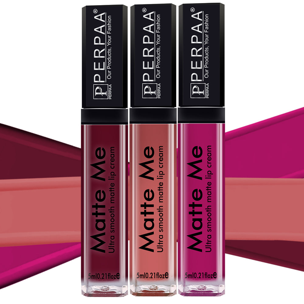 PERPAA® Matte Me Ultimate Combo of 3 Shades Long Lasting Liquid Lipstick Bright Matte color Smudge proof & Waterproof Formula 5ml Each (Copy)