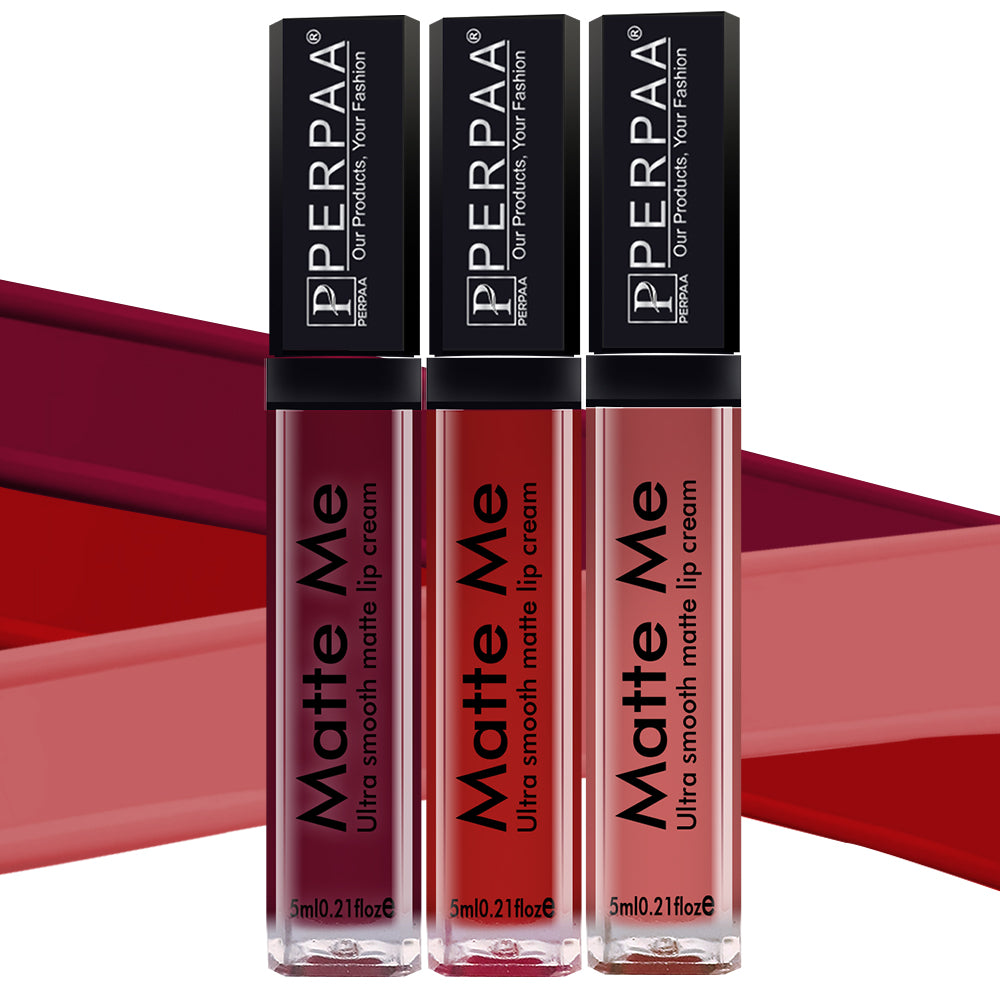 PERPAA® Matte Me Ultimate Combo of 3 Shades Long Lasting Liquid Lipstick Bright Matte color Smudge proof & Waterproof Formula 5ml Each (Copy)