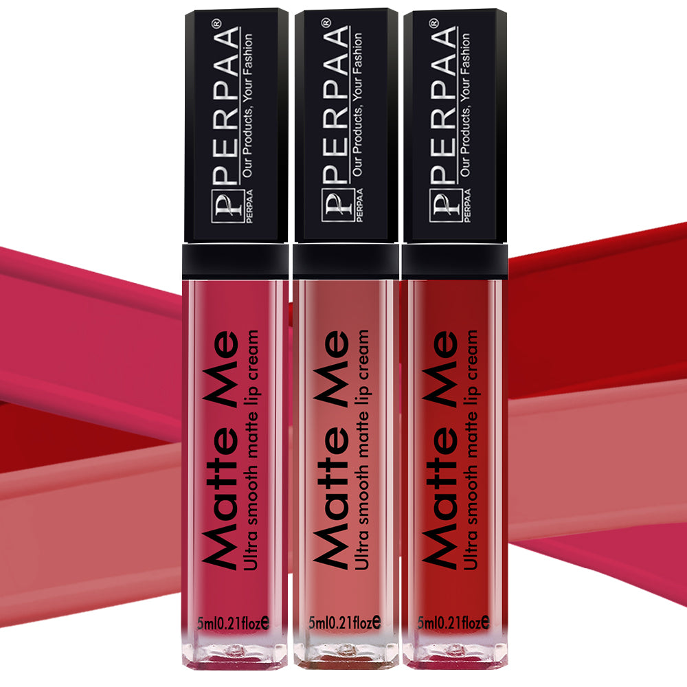 PERPAA® Matte Me Ultimate Combo of 3 Shades Long Lasting Liquid Lipstick Bright Matte color Smudge proof & Waterproof Formula 5ml Each (Copy)