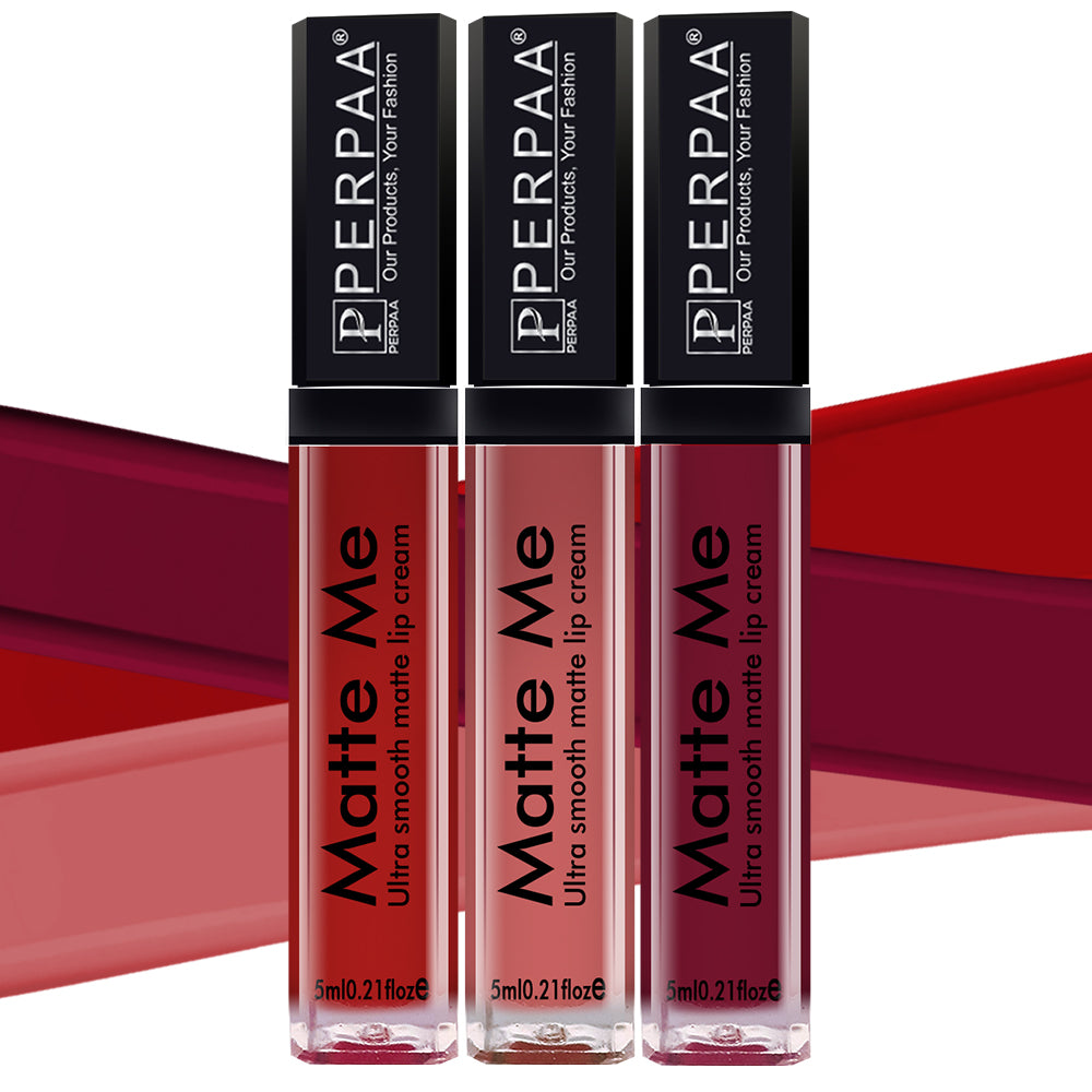 PERPAA® Matte Me Ultimate Combo of 3 Shades Long Lasting Liquid Lipstick Bright Matte color Smudge proof & Waterproof Formula 5ml Each (Copy)