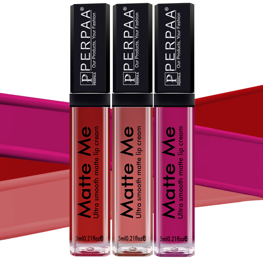 PERPAA® Matte Me Ultimate Combo of 3 Shades Long Lasting Liquid Lipstick Bright Matte color Smudge proof & Waterproof Formula 5ml Each (Copy)