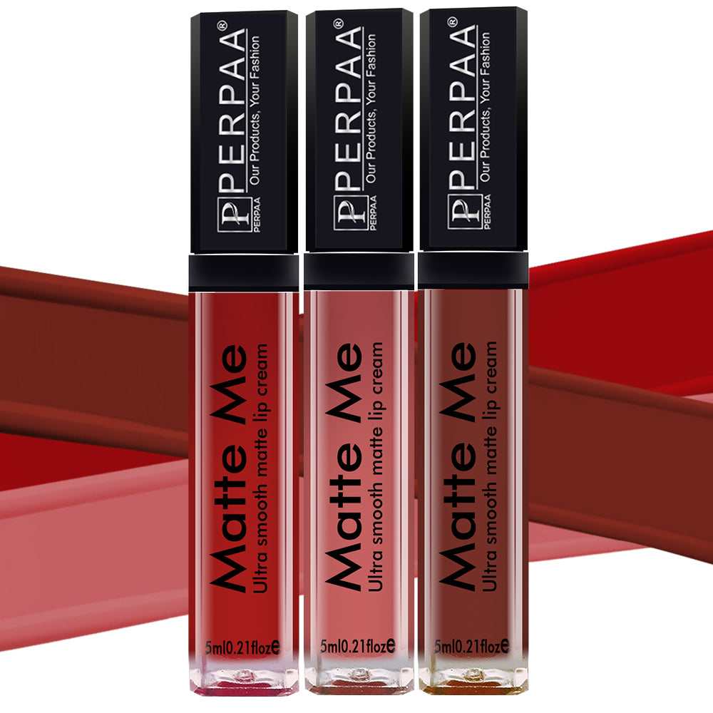 PERPAA® Matte Me Ultimate Combo of 3 Shades Long Lasting Liquid Lipstick Bright Matte color Smudge proof & Waterproof Formula 5ml Each (Copy)