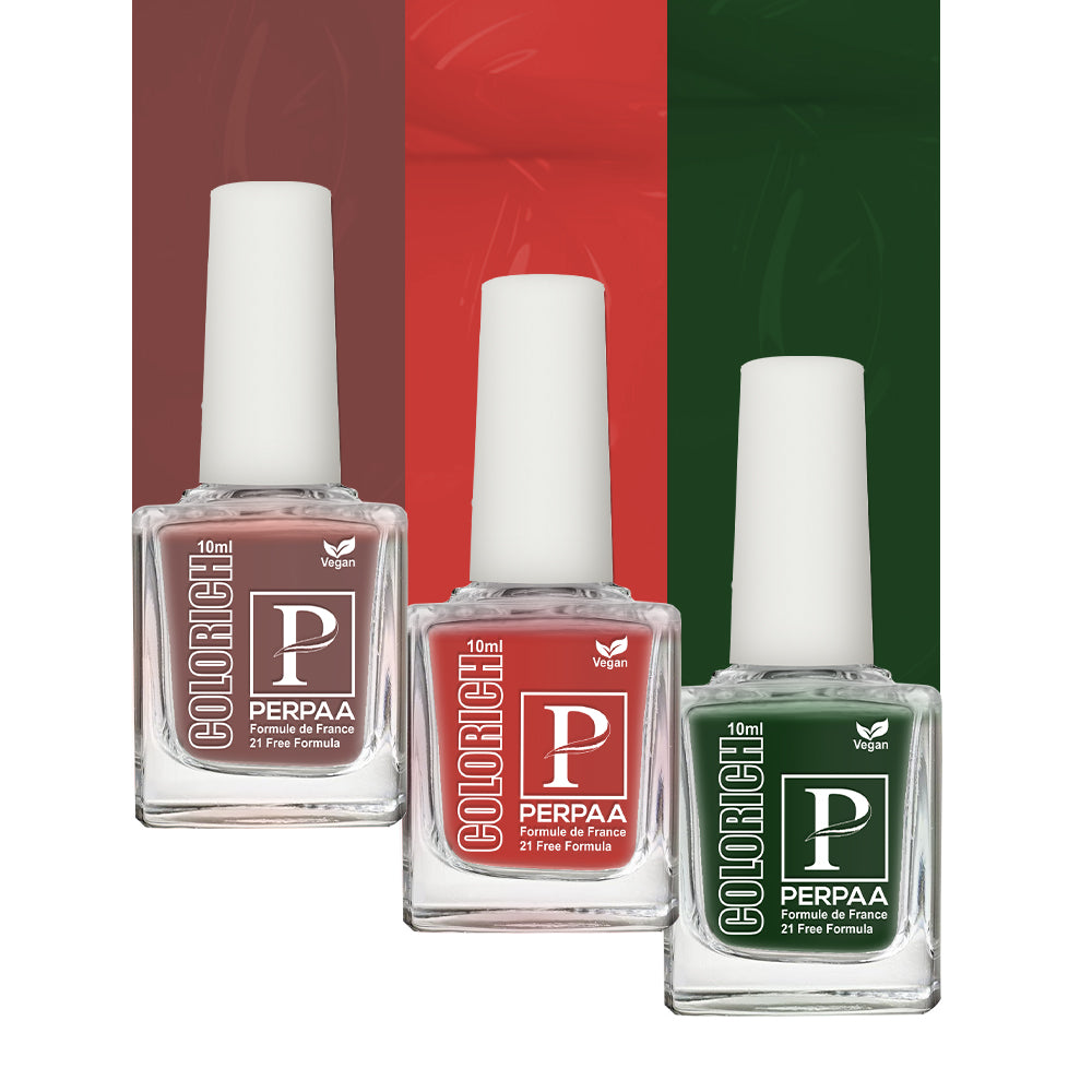 PERPAA Colorich Vegan Gel Nail Polish Combo Of 3 Nail Enamel Chip Resistant, Seaweed Enriched Formula, Long Lasting and Toxic Free| 10ml Each