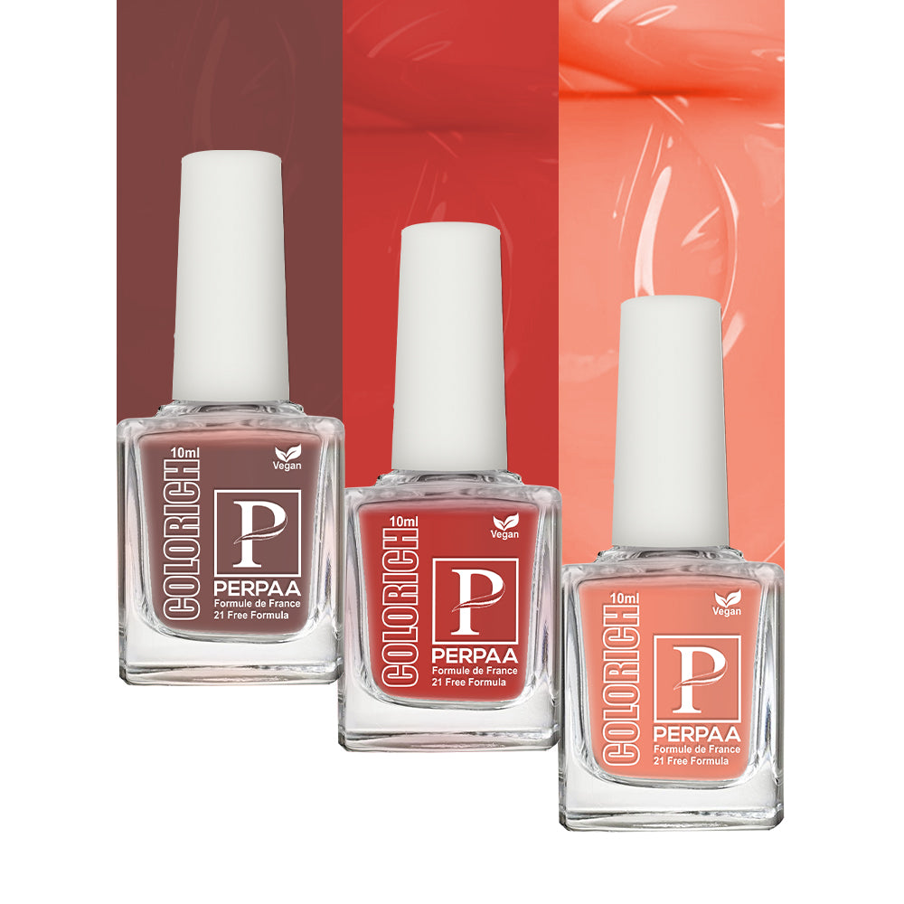 PERPAA Colorich Vegan Gel Nail Polish Combo Of 3 Nail Enamel Chip Resistant, Seaweed Enriched Formula, Long Lasting and Toxic Free| 10ml Each