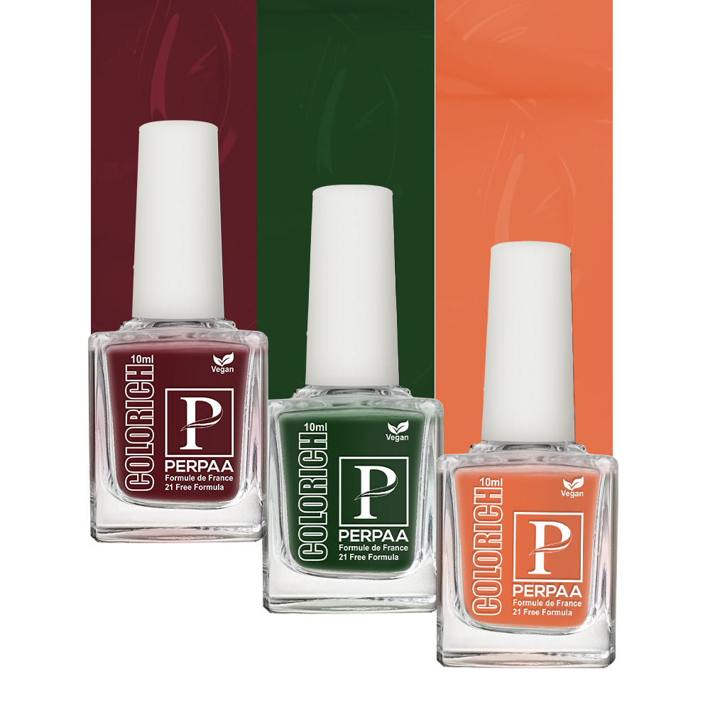 PERPAA Colorich Vegan Gel Nail Polish Combo Of 3 Nail Enamel Chip Resistant, Seaweed Enriched Formula, Long Lasting and Toxic Free| 10ml Each