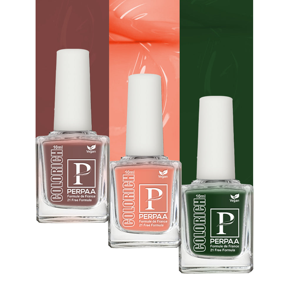 PERPAA Colorich Vegan Gel Nail Polish Combo Of 3 Nail Enamel Chip Resistant, Seaweed Enriched Formula, Long Lasting and Toxic Free| 10ml Each