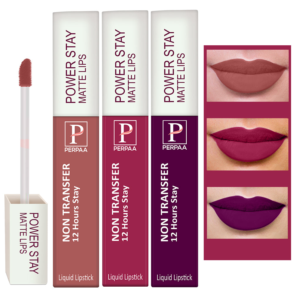 PERPAA Powerstay Liquid Matte Lipstick Combo Pack of 3 Smudge proof & Waterproof Long lasting Stay, 5 ml Each