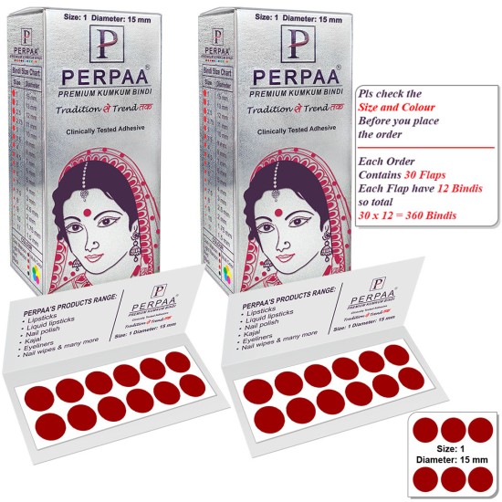 PERPAA Premium Velvet Sticker Kumkum Bindi Box of 15 Flaps - Pottu for Women, Ladies, Girls Pack of 2 (Size 1, Diameter 15mm, Light Maroon)