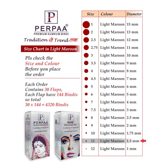PERPAA Premium Velvet Sticker Kumkum Bindi Box of 15 Flaps - Pottu for Women, Ladies, Girls Pack of 2 (Size 11, Diameter 1.5mm, Light Maroon)