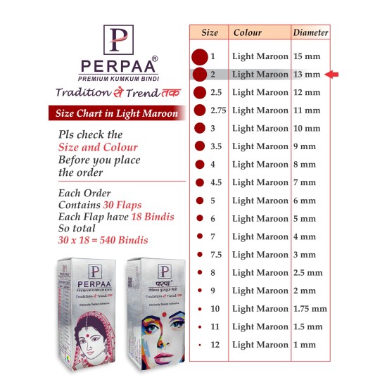 PERPAA Premium Velvet Sticker Kumkum Bindi Box of 15 Flaps - Pottu for Women, Ladies, Girls Pack of 2 (Size 2, Diameter 13mm, Light Maroon)