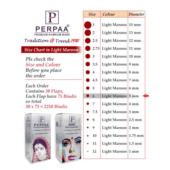PERPAA Premium Velvet Sticker Kumkum Bindi Box of 15 Flaps - Pottu for Women, Ladies, Girls Pack of 2 (Size 6, Diameter 5mm, Light Maroon)