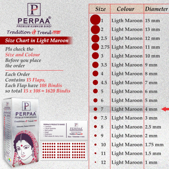 PERPAA Premium Velvet Sticker Kumkum Bindi Box of 15 Flaps - Pottu for Women, Ladies, Girls (Size7, Diameter 4mm, Light Maroon)