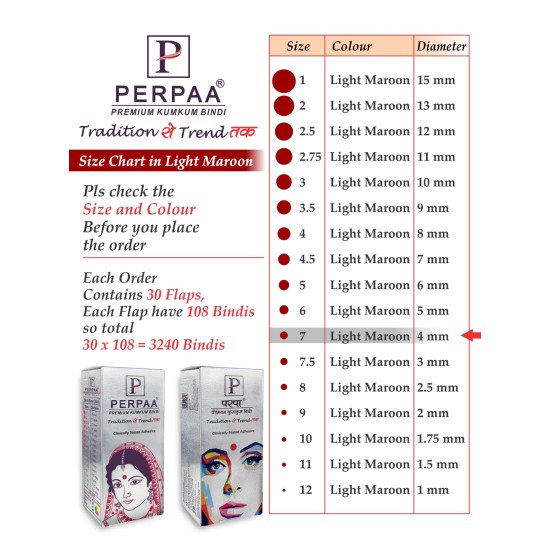 PERPAA Premium Velvet Sticker Kumkum Bindi Box of 15 Flaps - Pottu for Women, Ladies, Girls Pack of 2 (Size 7, Diameter 4mm, Light Maroon)