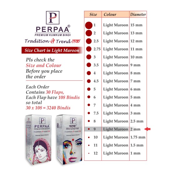PERPAA Premium Velvet Sticker Kumkum Bindi Box of 15 Flaps - Pottu for Women, Ladies, Girls Pack of 2 (Size 9, Diameter 2mm, Light Maroon)
