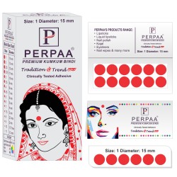 PERPAA Premium Velvet Sticker Kumkum Bindi Box of 15 Flaps - Pottu for Women,Ladies, Girls (Size 1, Diameter 15mm, Red)