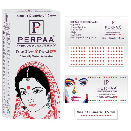 PERPAA Premium Velvet Sticker Kumkum Bindi Box of 15 Flaps - Pottu for Women,Ladies, Girls (Size 11, Diameter 1.5mm, Red)