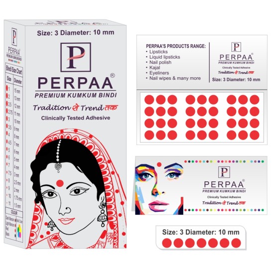 PERPAA Premium Velvet Sticker Kumkum Bindi Box of 15 Flaps - Pottu for Women,Ladies, Girls (Size 3, Diameter 10mm, Red)