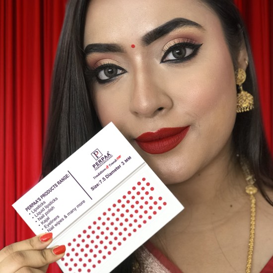 PERPAA Premium Velvet Sticker Kumkum Bindi Box of 15 Flaps - Pottu for Women,Ladies, Girls (Size 7.5, Diameter 3mm, Red)