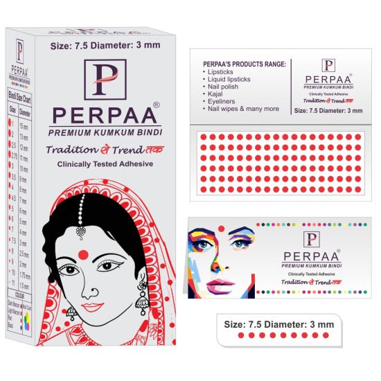 PERPAA Premium Velvet Sticker Kumkum Bindi Box of 15 Flaps - Pottu for Women,Ladies, Girls (Size 7.5, Diameter 3mm, Red)