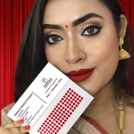 PERPAA Premium Velvet Sticker Kumkum Bindi Box of 15 Flaps - Pottu for Women,Ladies, Girls (Size 7, Diameter 4mm, Red)