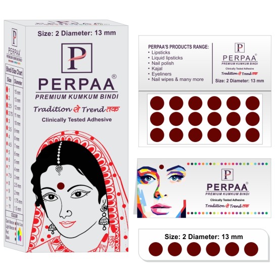 PERPAA Premium Velvet Sticker Kumkum Bindi Box of 15 Flaps - Pottu for Women, Ladies, Girls Pack of 2 (Size 2, Diameter 13mm, Dark Maroon)