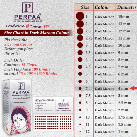 PERPAA Premium Velvet Sticker Kumkum Bindi Box of 15 Flaps - Pottu for Women,Ladies, Girls (Size7, Diameter 4mm, Dark Maroon)