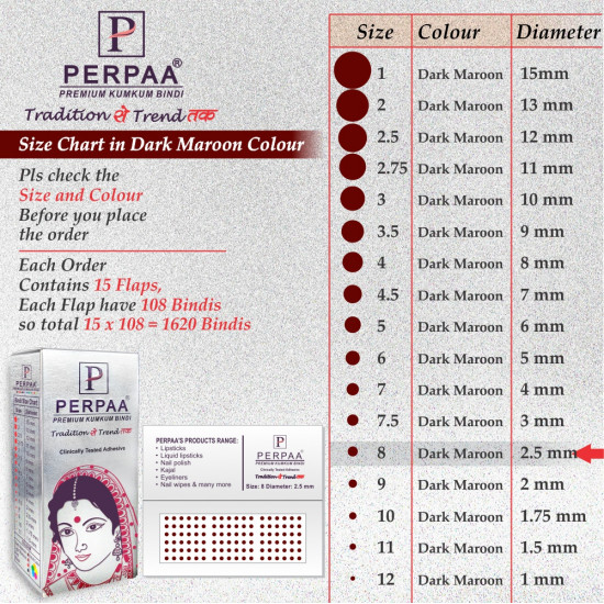 PERPAA Premium Velvet Sticker Kumkum Bindi Box of 15 Flaps - Pottu for Women,Ladies, Girls (Size8, Diameter 2.5mm, Dark Maroon)